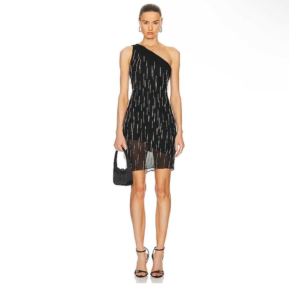 Fleur Du Mal One Shoulder Dangling Stones Rhinestone Fringe Dress in Black Large - Picture 6 of 12